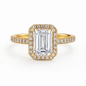 Christmas Splendor: 14K Yellow Gold Split Shank Engagement Ring with 3.00 Lab Diamond Emerald Shape